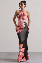 Pink Floral Satin Cross Over Halterneck Maxi Dress